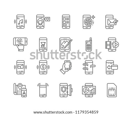 Set of Mobile outline icons isolated on white background. Editable Stroke. 64x64 Pixel Perfect.