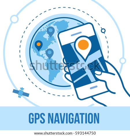 Phone with mobile gps navigation. Finding the way concept. Hand holding gadget, Flat vector illustration.