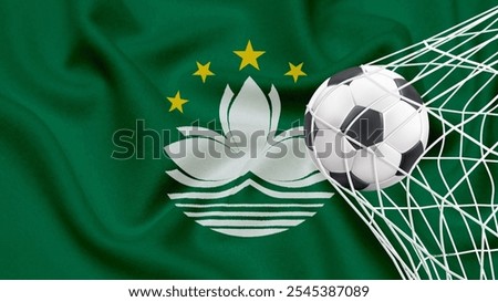 Football ball with the national flag of macau. Flag of macau. Horizontal Realistic waving flag of State of macau. Fabric textured flowing flag of macau.