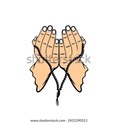 right and left hand gestures looking up in prayer with prayer beads in Islam front view vector illustration