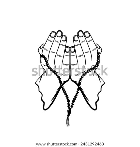 right and left hand gestures looking up in prayer with prayer beads in Islam front view black and white vector illustration