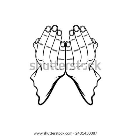 right and left hand gestures looking up in prayer in Islam front view black and white vector illustration