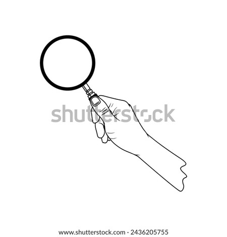 right hand holding a magnifying glass black and white vector illustration