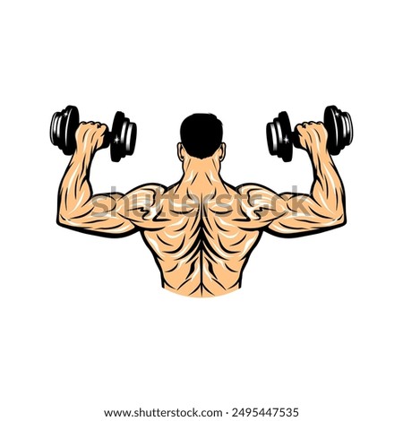 a man shows off his strong arms and back muscles lifting dumbbells vector illustration