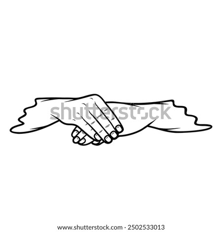 right hand over left hand front view in black and white vector line art