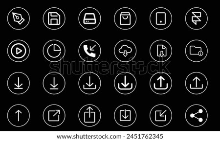 Icon sheet, in pen,save,drive,shopping, move, and lots of icon with black background.