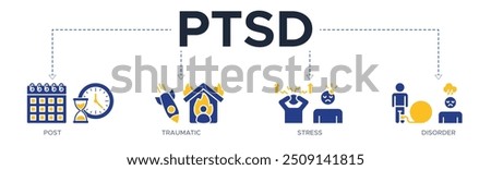 PTSD banner web icon vector illustration concept of post, traumatic, stress, and disorder with icons of calendar, time, rocket attack, war, house on flame, headache, and disability