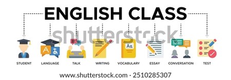 English class banner web icon vector illustration concept with the icon of a student, language, talk, writing, vocabulary, essay, conversation, test