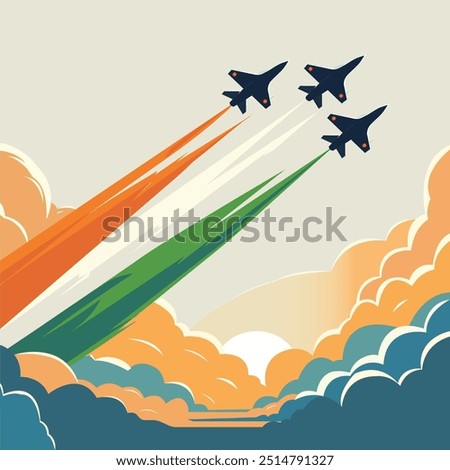 Vector illustration of three jets flying together in the sky leaving behind a trail of tricolored smoke coloured like the indian national flag to show Indian airforce