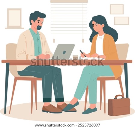 Minimalistic vector illustration of a man and a woman working on a laptop, sitting across each other