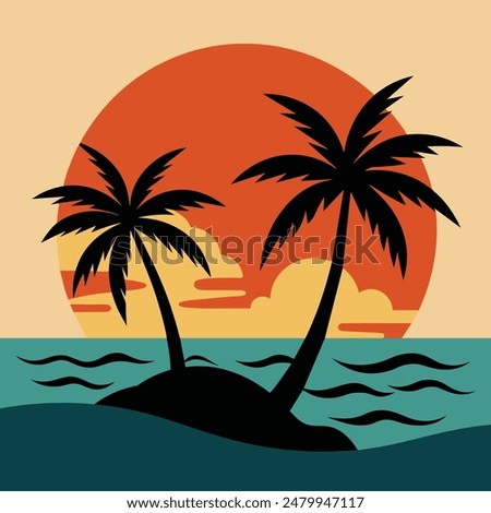 Summer sunset tropical beach line art vector illustration, hand drawn sunset and sunrise outline landscape tropical beach, palm tree with sunset waves Nature