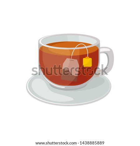 Glass cup with saucer with black tea and tea bag  inside vector illustration isolated on white background. Hot black tea vector
