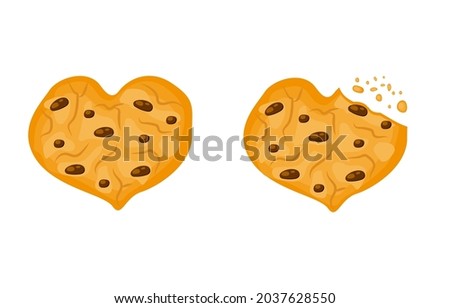 Set with bitten chocolate cookies heart form vector illustration in a cartoon flat style isolated on white background. Biscuits broken with crumbs Foto stock © 