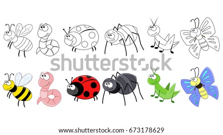 Coloring book page for preschool children with colorful insects and sketch to color