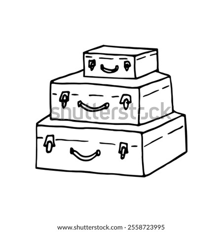 Vintage square suitcases. With metal fasteners. A hand-drawn outline illustration.