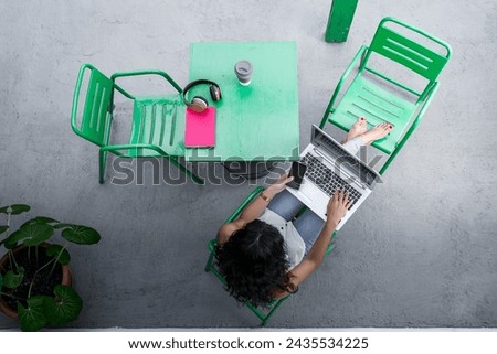 Similar – Image, Stock Photo Laptop on terrace table in front of flowers