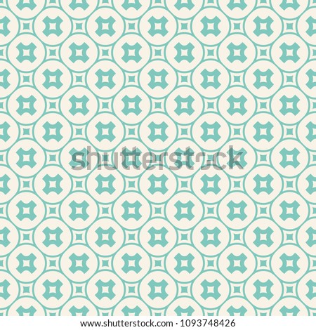 Turquoise geometric seamless pattern. Vector abstract texture with crosses in circular grid, small squares, simple shapes. Funky background in pastel colors, green aqua and beige. Repeatable design