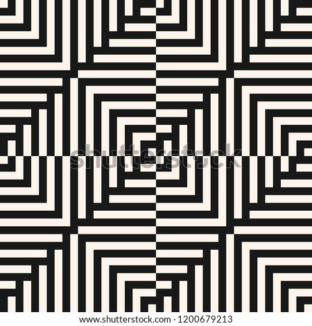 Vector geometric seamless pattern with stripes, lines, squares. Black and white optical illusion background. Creative monochrome geometry texture. Trendy repeatable design for decor, print, fabric