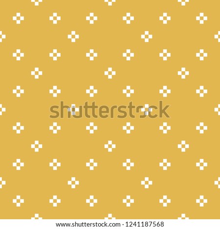 Vector minimalist geometric seamless pattern. Simple abstract texture with small crosses, flower silhouettes in square grid. Mustard yellow and white minimal background. Pixel art. Repeatable design