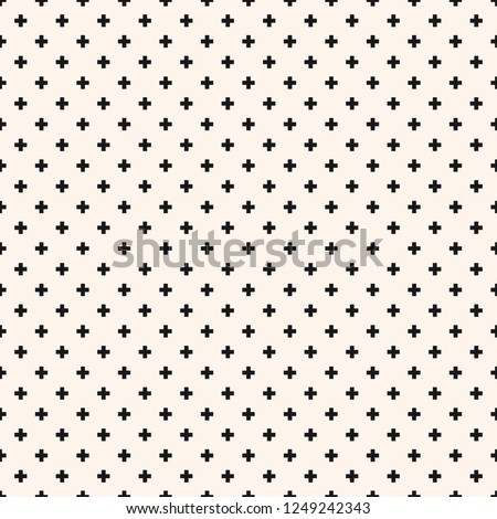 Vector minimalist geometric seamless pattern with small crosses, squares, tiny flower shapes. Simple minimal black and white texture. Pixel art background. Funky style monochrome repeating design 