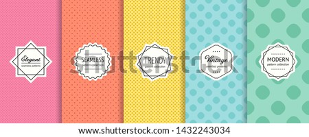 Vector dots seamless patterns collection. Set of colorful background swatches with elegant minimal labels. Abstract textures with circles, polka dot design. Pink, red, yellow, blue, green color