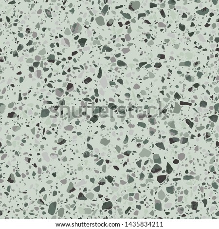 Green granite terrazzo flooring seamless texture. Realistic vector pattern of mosaic floor with natural stones, marble, granite, quartz, concrete. Classic Venetian floor. Realistic repeatable design