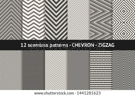 Chevron pattern collection. Vector geometric seamless textures with stripes, lines, streaks, zigzag shapes. Set of black and white minimal abstract background swatches. Monochrome repeatable design