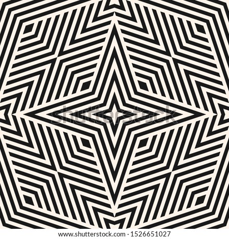 Vector geometric lines seamless pattern. Abstract linear background in black and white color. Monochrome graphic texture with stripes, diagonal lines, rhombuses, stars, repeat tiles. Retro style 