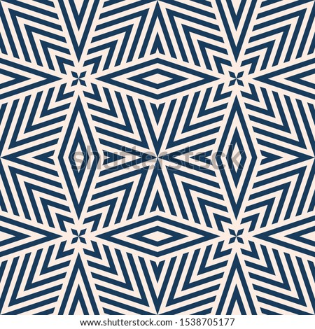 Geometric lines seamless pattern. Vector abstract background in dark blue and beige color. Simple graphic texture with stripes, diagonal lines, rhombuses, stars. Stylish repeat design for decor, cloth