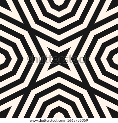 Black and white optical art texture. Vector monochrome geometric seamless pattern with concentric shapes, stripes, lines, stars, octagons. Creative psychedelic design. Modernist style background