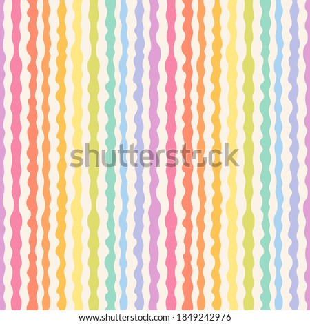 Abstract seamless pattern with rainbow wavy lines, stripes, organic shapes. Stylish vector texture with smooth fluid forms. Simple multicolor background. Repeat tileable design for decor, print, wrap