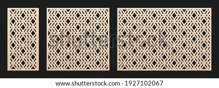 Decorative panels for laser cutting. Cutout silhouette with abstract geometric pattern, diamond grid, lattice, mesh. Laser cut stencil for wood, metal, paper, plastic. Aspect ratio 1:2, 1:1, 3:2