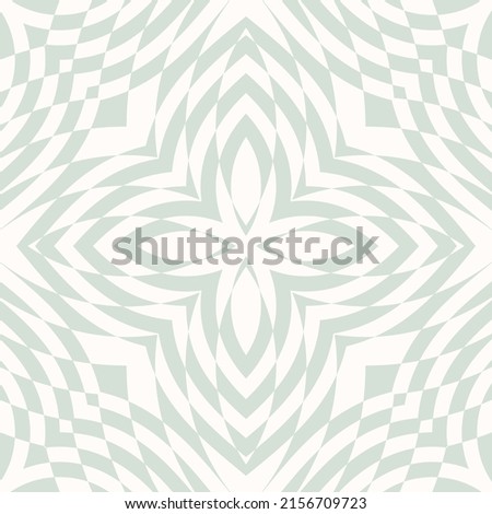 Vector geometric seamless pattern. Abstract light green and beige colored mosaic ornament. Simple checkered texture with flower silhouette. Op art. Optical illusion background. Repeat geo design