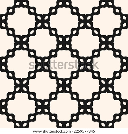 Vector monochrome abstract seamless mesh pattern. Black and white illustration with curved floral shapes, grid, net, lattice. Simple background. Repeat decorative design for tileable print, embossing