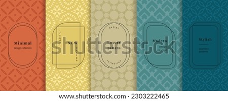 Vector geometric seamless patterns. Set of modern backgrounds with elegant minimal labels. Abstract oriental ornament textures. Trendy spring summer pastel color palette. Luxury vintage geo design