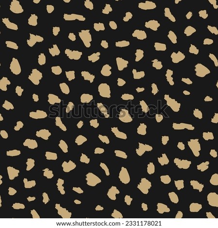 Abstract animal skin vector seamless pattern. Simple black and gold texture with irregular brush spots, dots, strokes. Cute golden background. Wild leopard print. Minimal luxury repeat geo design