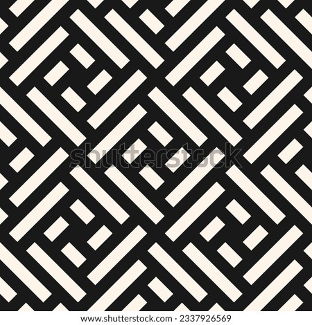 Abstract geometric seamless pattern. Stylish ornament with lines, squares, diagonal grid, repeat tiles. Simple black and white geo texture. Modern geometric background. Design for decor, print, carpet