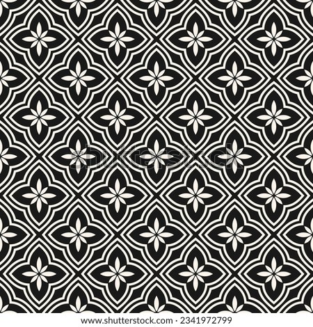 Vector black and white floral geometric seamless pattern. Abstract minimal geometric ornament with flowers in oriental style. Simple monochrome background. Elegant ornamental texture. Repeat design