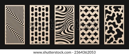 Decorative panels for laser cut, CNC cutting. Cutout silhouette with abstract geometric pattern, wavy lines, organic shapes. Modern vector stencil for cutting of wood, metal, plastic. Aspect ratio 1:2