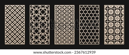 Decorative panels for laser cut, CNC cutting. Modern abstract geometric patterns with floral grid, lattice, curved lines. Moroccan style ornaments. Vector stencil for wood, metal. Aspect ratio 1:2