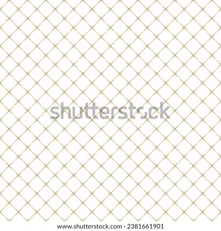 Square grid seamless pattern. Simple gold and white geometric texture with diagonal crossing lines, small square lattice, net, mesh, grill. Stylish abstract minimal golden background. Repeat design