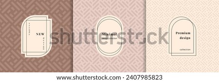 Vector geometric seamless pattern set with modern minimal labels, borders, frames. Elegant texture with lines, squares, grid. Luxury pastel background. Design for print, banner, product package, decor