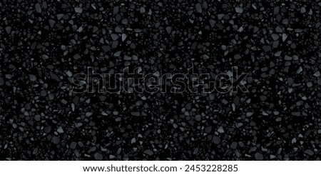 Black terrazzo flooring seamless texture. Realistic vector pattern of dark mosaic floor with natural stones, granite, marble, quartz, concrete. Classic Italian floor. Repeated design for print, render