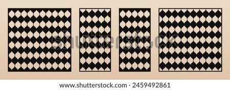 Decorative stencils for laser cut. Vector panels set with abstract geometric pattern, mesh, lattice, grid, leaves. Groovy style checkered ornament. Template for cnc cutting. Aspect ratio 1:1, 1:2