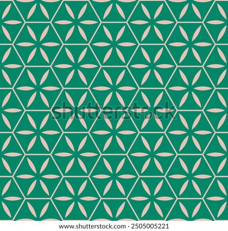 Simple vector green and beige seamless pattern. Abstract floral geometric ornament. Stylish retro background with flower silhouettes, leaves, lines, hexagonal grid, lattice. Cute repeated geo design