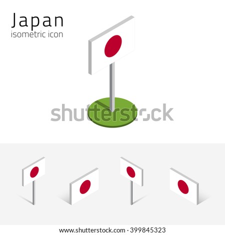Japanese flag (State of Japan), vector set of isometric flat icons, 3D style, different views. 100% editable design elements for banner, website, presentation, infographic, poster, map. Eps 10