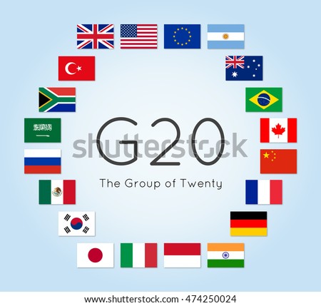 Vector illustration of G-20 countries flags. The Group of Twenty, the World's Leading 20 Economies. Banner for Summit G20, financial and economic international forum. Infographic design image