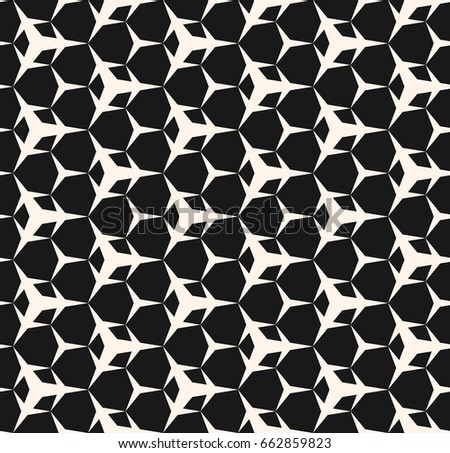 Vector monochrome texture, seamless pattern with simple sharped geometric figures, triangular shapes, hexagonal geometrical lattice. Repeat abstract background. Stylish dark design for covers, decor