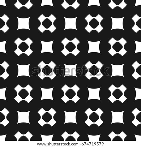 Vector seamless pattern, simple geometric texture with rounded shapes, squares, perforated crosses in staggered array. Dark abstract minimalist background. Design element for prints, covers, digital