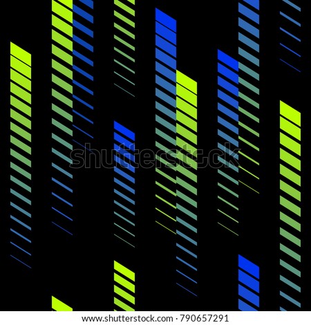 Abstract geometric seamless pattern with vertical gradient fading lines, tracks, halftone stripes. Extreme sport style texture, urban art. Trendy background in bright neon colors, green, blue, black